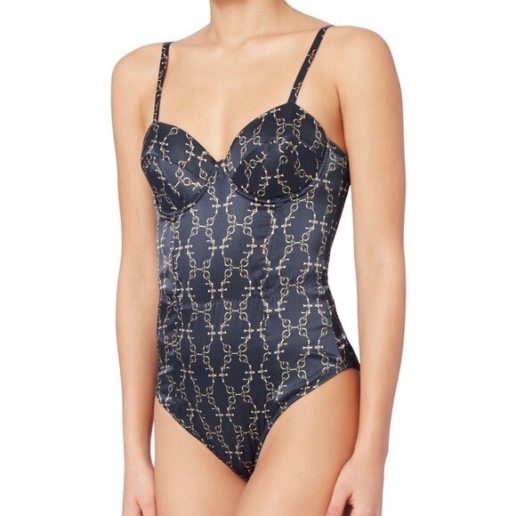Fleur Du Mal silk Bullet chain-link print bodysuit in navy blue size S small